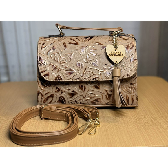 Gold Camel Beige Sunflower Embossed Tooled Artisan LEATHER Crossbody bag Purse - Picture 9 of 16